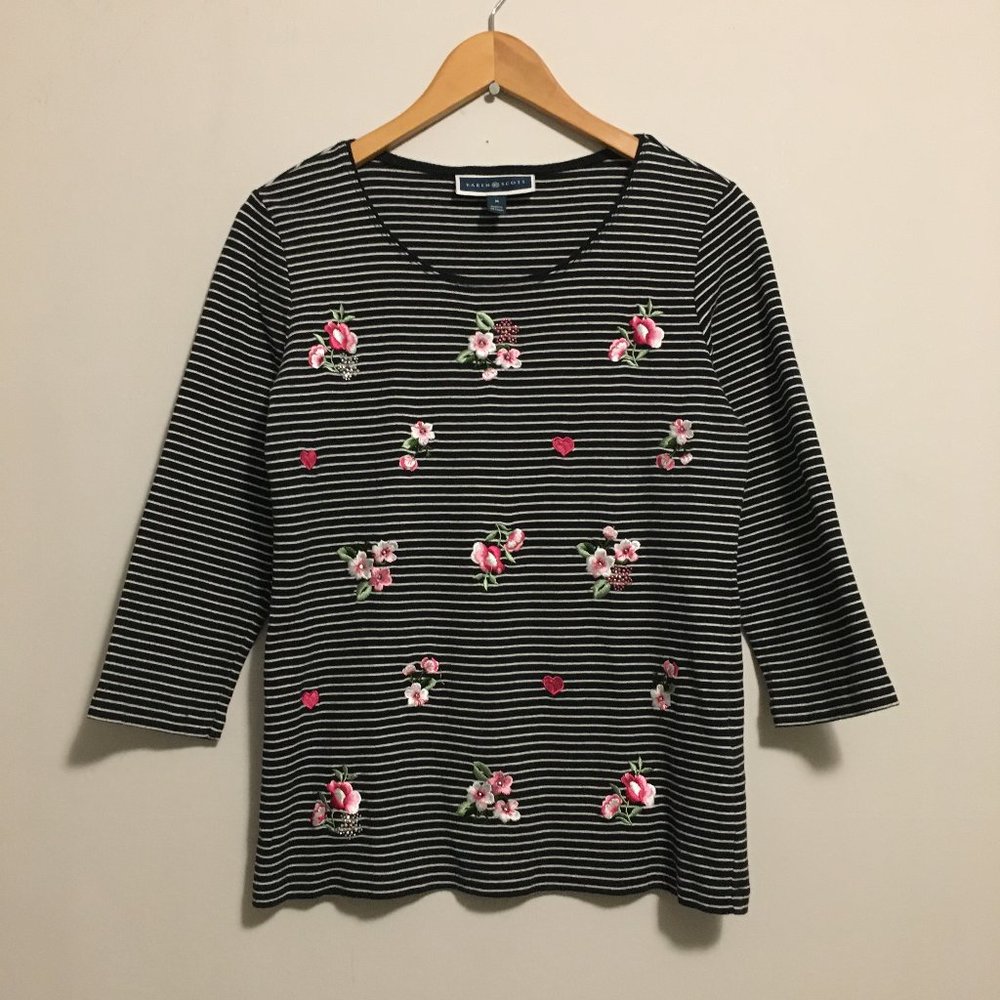 aren Scott 100% Cotton Black & White Pinstripe Floral Embroidered Long Sleeve